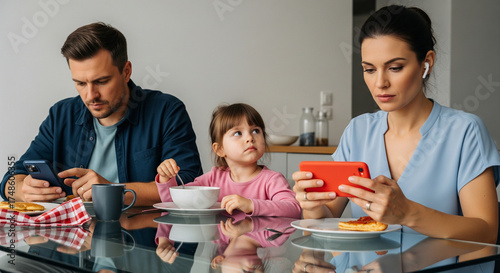 Family at breakfast table engrossed in phones while their daughter looks on, capturing modern parenting challenges and digital distraction