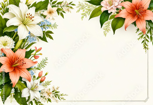An elegant floral frame with white and peach lilies creates a beautiful decorative border on a light background.