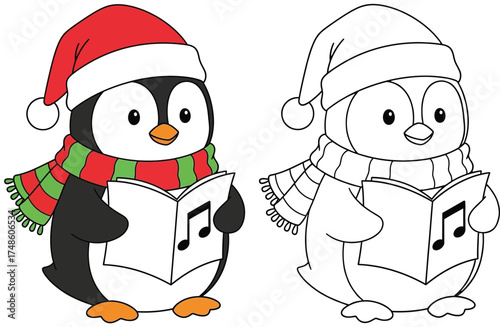 Cute Cartoon Penguin with Santa Hat and Scarf Singing Christmas Carols, Coloring Page Included