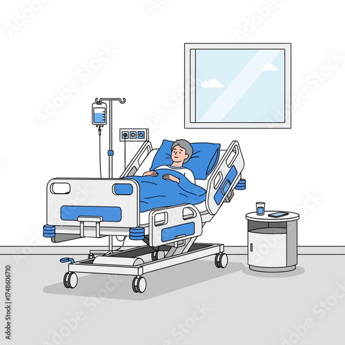 Patient resting peacefully in modern hospital bed with IV drip and window view, conveying hope and recovery