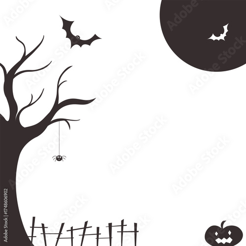 Halloween black silhouette tree bats and spider cut out of paper. Cute spooky vertical transparent templates with copy space.