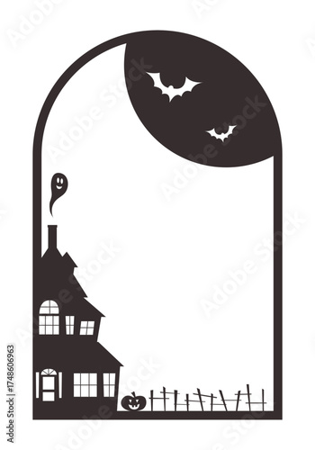 Halloween black silhouette arch with haunted house bats and ghost cut out of paper. Cute spooky vertical transparent templates with copy space.