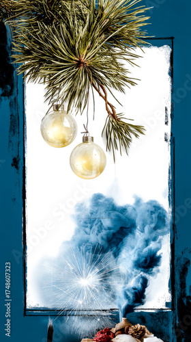 A pine branch with hanging glass ornaments is composed with blue smoke and a firework inside a frame. A creative holiday concept for a greeting card or banner with copy space.
