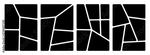 Set of photo collage templates. Modern and abstract layouts for image galleries. Bento box grid. Vector templates with geometric tiles pattern for mixed media design.