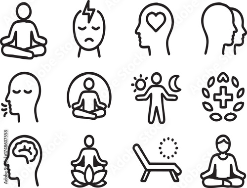 Mindfulness and Wellness Icon Set include, Meditation Practice, Stress Reduction, Mental Health, Self-Awareness, Breathing Exercises, Present Moment etc.