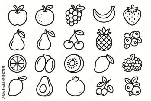 Set of 20 simple fruit icons in black outline style