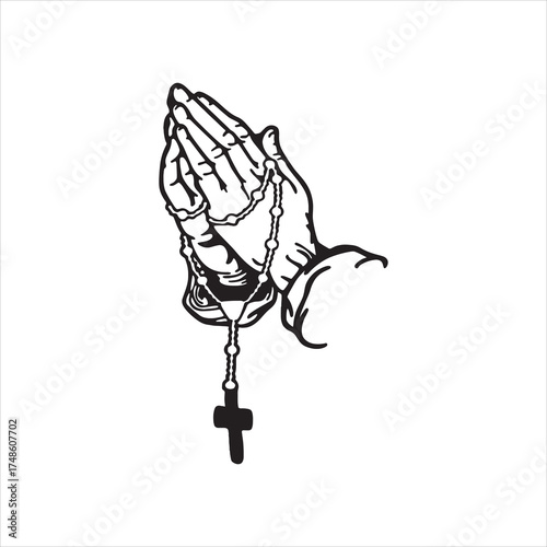 Praying hands with rosary cross vector, faith religion hope and spirituality illustration