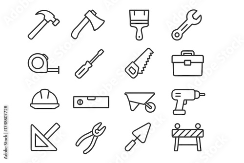 Outline icons of construction tools including hammer, axe, paintbrush, wrench, and more
