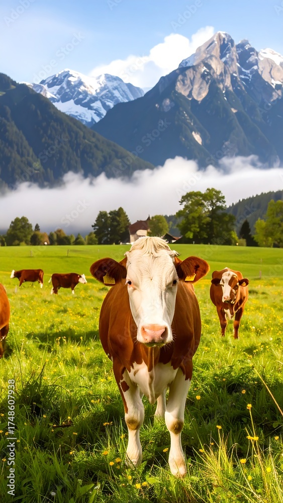 Fototapeta premium Cows in a valley with mountains