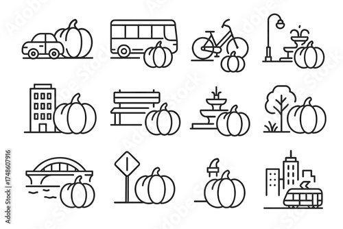 Pumpkin-themed city life icons: transport, nature, and urban elements