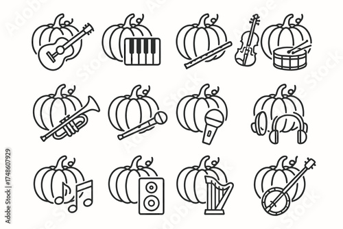 Pumpkin-themed musical instrument icons featuring guitar, piano, violin, drum, and more