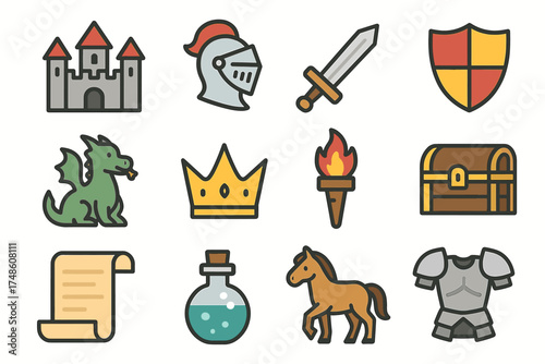 Medieval icons: castle, knight, sword, shield, dragon, crown, torch, chest, scroll, potion, horse, armor