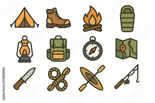 Set of camping gear icons: tent, boot, campfire, sleeping bag, and map