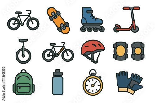 Outdoor recreation gear: bike, skateboard, roller blade, scooter, helmet, backpack, water bottle