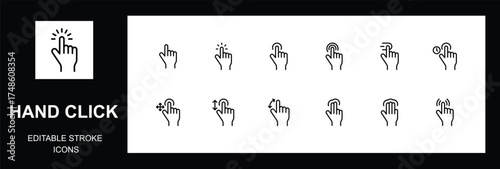 gesture hand icons. Simple icons with hand using smartphone, sign fingers touch, click, zoom, rotate, tap display. Editable stroke. Vector illustration
