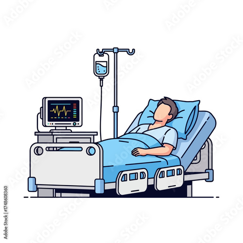 Patient recovering in hospital bed with vital signs monitor and IV drip, symbolizing healthcare and medical care