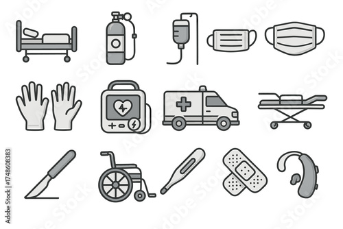 Medical equipment icons set featuring hospital bed, ambulance, and surgical instruments