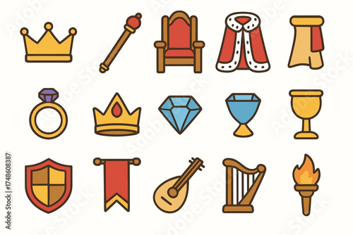 Collection of medieval symbols: crown, throne, scepter, chalice, shield, ring, harp