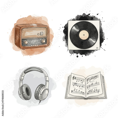 Hand-drawn watercolor set of musical elements including a retro radio, vinyl record, modern headphones, and open sheet music, perfect for creative projects