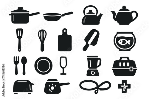 Silhouette icons of kitchen and pet essentials: cookware, utensils, fishbowl, blender