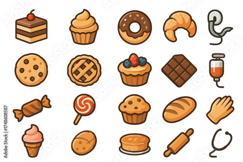 Collection of sweet and savory food icons: pastries, desserts, and baking tools