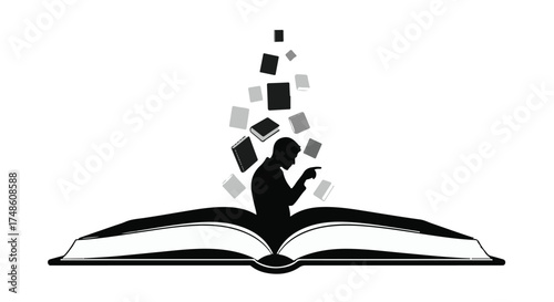 Silhouette of a person reading a book with pages flying out into an imaginative world.