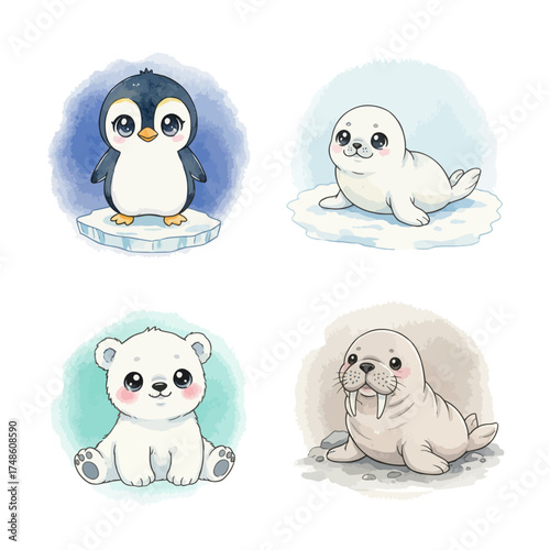 Cute baby Arctic animals watercolor collection featuring a penguin, seal, polar bear, and walrus illustrations for children's themes