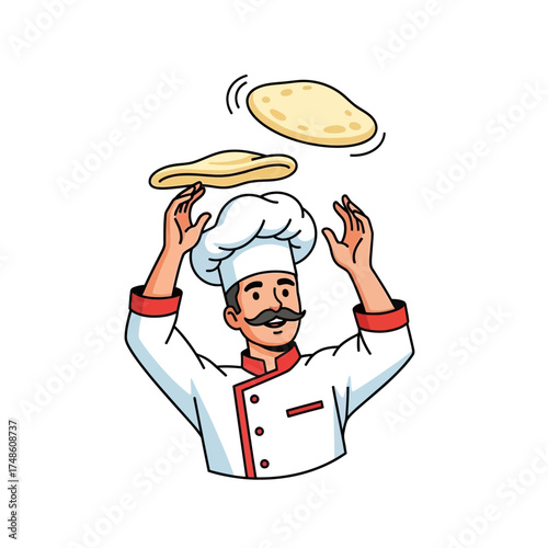 Skilled chef expertly tossing pizza dough mid-air, showcasing culinary passion and delicious Italian tradition in a vibrant, dynamic kitchen scene.