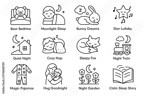 Soothing sleep symbols: moon, animals, lullabies, pajamas, nightscape illustrations