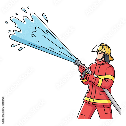Brave firefighter in uniform bravely sprays powerful jet of water from hose, showcasing courage and essential service in action