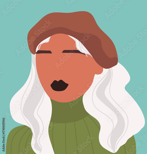 Abstract woman portrait, female avatar with beret, faceless anonymous, user profile. Hand drawn vector illustration.