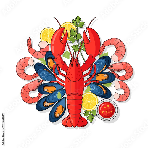 Vibrant seafood platter featuring fresh lobster, shrimp, mussels, lemon, and dipping sauce, perfect for culinary promotions