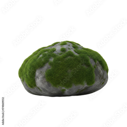 Gray Stone with Lush Green Moss Patches Isolated on Transparent Background