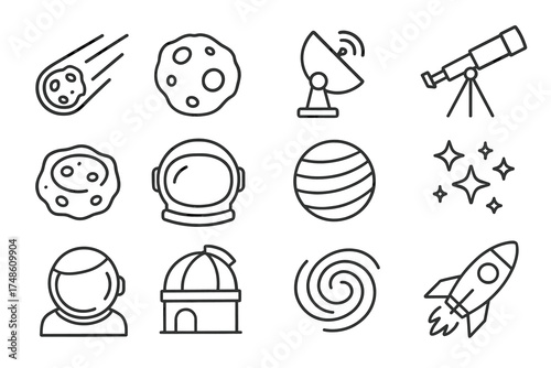 Space exploration icon set with astronaut, telescope, rocket, and satellite elements