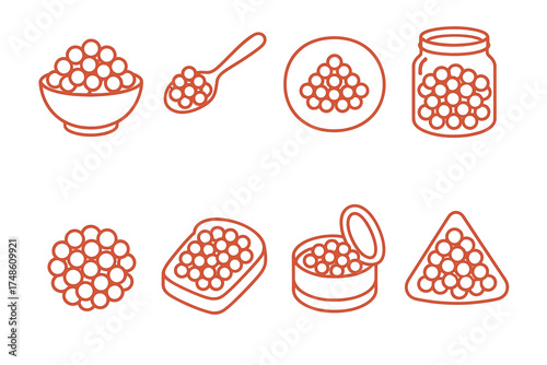 Various caviar outlines in different containers and serving styles