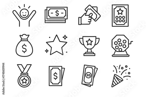 Simple lottery icons: winner, money, ticket, prize, celebration, medal, star, trophy
