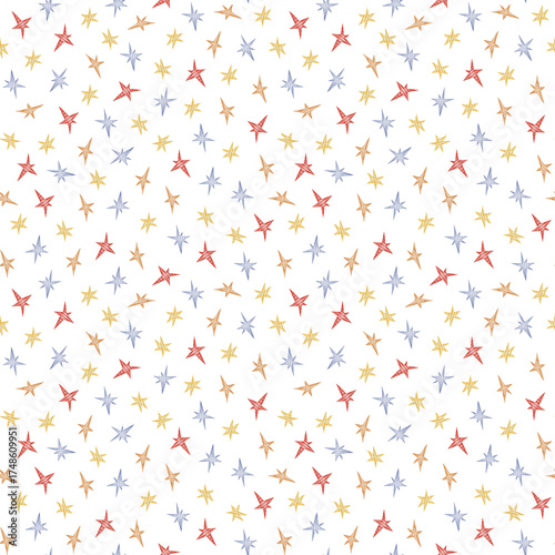 Seamless pattern with watercolor stars in red, yellow, blue, and orange on a transparent background. Perfect for Christmas, New Year, festive wrapping paper, textiles, greeting cards, party decoration