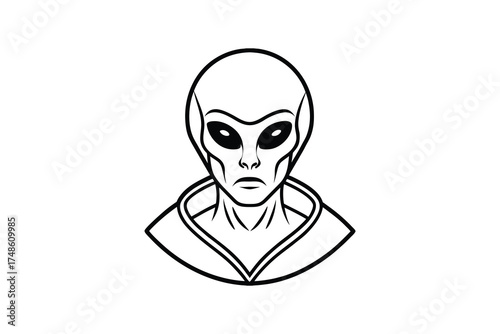 Classic grey alien head illustration bold lines and stark contrast silhouette