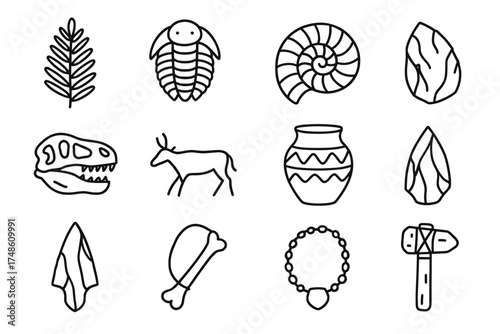 Outline icons depicting fossils, tools, and artifacts from prehistoric era