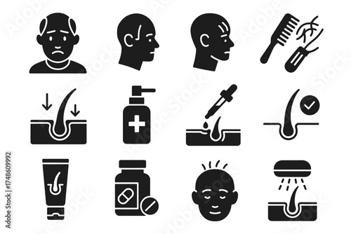 Hair loss icons: solutions and treatments symbol set