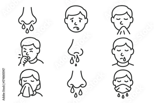 Line art illustrations of cold symptoms: sneezing, coughing, runny nose