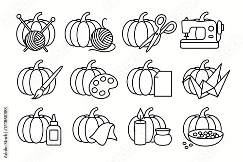 Pumpkin craft icons: yarn, scissors, sewing machine, paintbrush, origami, glue, candle, bowl