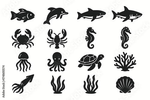 Marine creatures silhouettes: fish, dolphin, shark, crab, seahorse, octopus, turtle, coral, shell