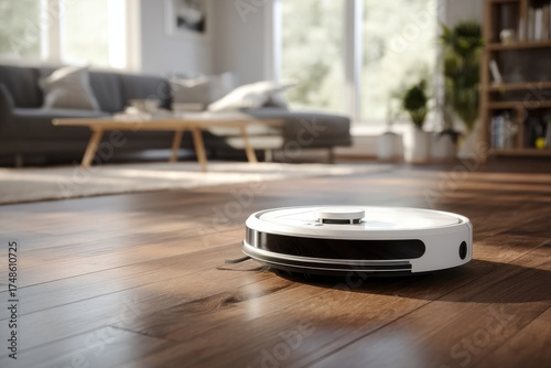 A robotic vacuum cleaner cleaning the wooden floor in a living room. Sunlight floods through a window in the background
