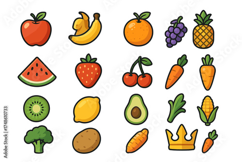 Colorful cartoon fruit and vegetable icons including apple, carrot, banana, and more
