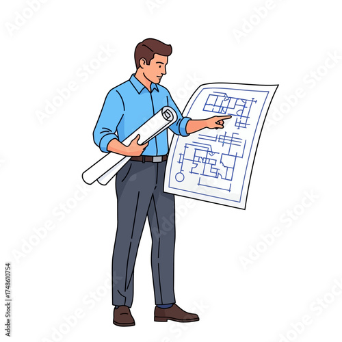 Professional architect confidently reviewing detailed blueprints, planning and designing future projects with precision and expertise