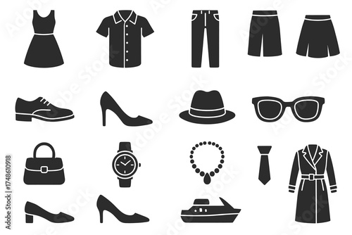 Silhouettes of fashion accessories and clothing items on white background