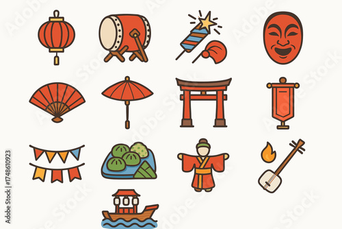 Japanese cultural icons: lantern, drum, fan, torii, and traditional elements