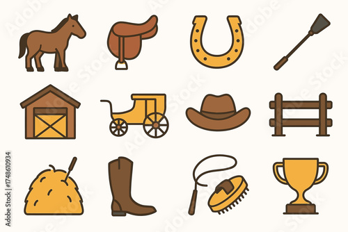 Horse riding and equestrian equipment icons including saddle, horseshoe, and cowboy hat