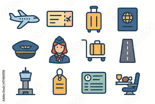 Colorful travel icons: plane, ticket, luggage, passport, and more